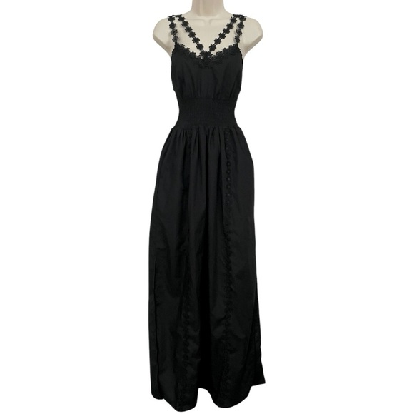 Zoe Dresses & Skirts - Zoe women’s smocked sun dress floral appliqué maxi black size S 100% cotton slit
